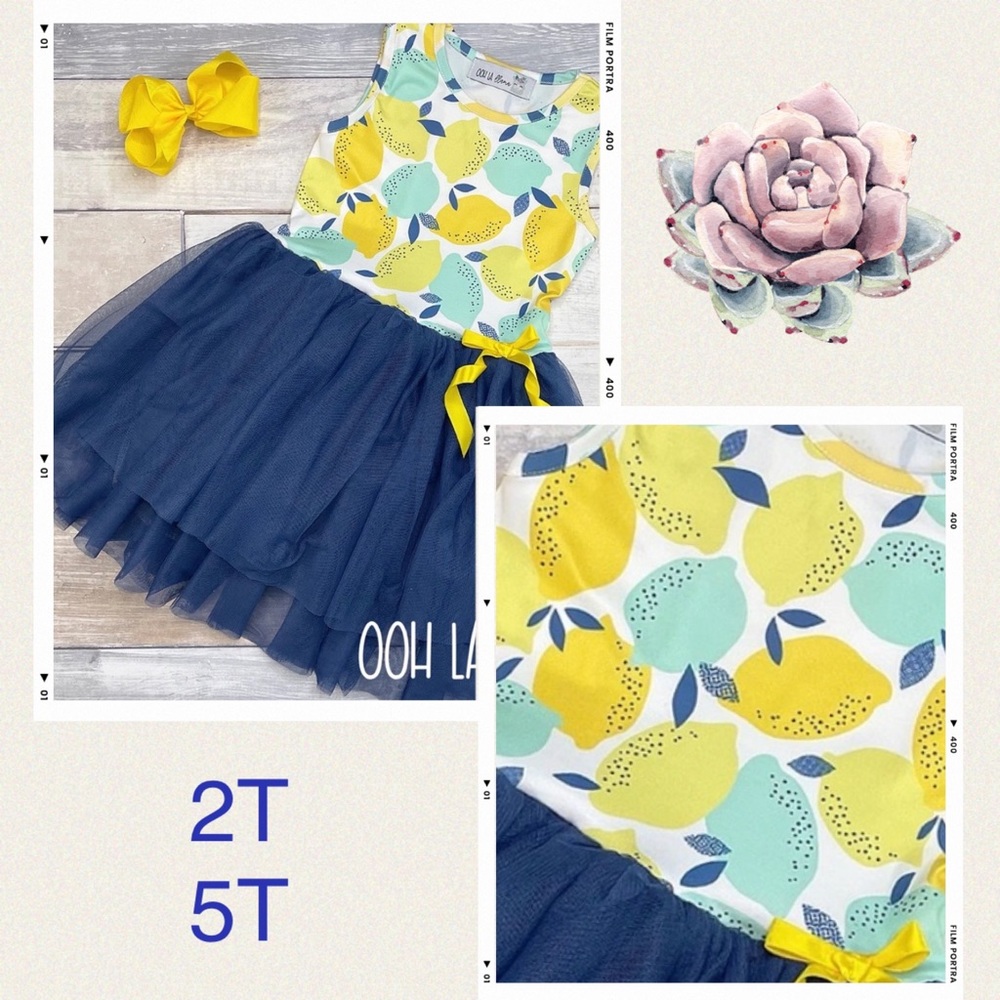 Girls Blue and Yellow Sleeveless Lemonade Tulle Dress 2T
